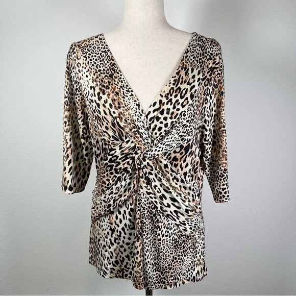 Saks Fifth Avenue Womens Top Cheetah Print Black Label 1/2 Sleeve V Neck Animal - Picture 1 of 14
